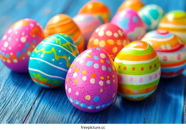 Colorful Easter Eggs on a Blue Wooden Background