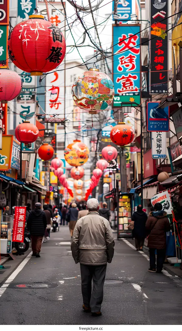 Man Walking Down a Street in Japan Decorated With Red Lanterns