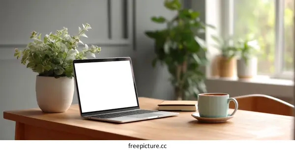 Modern Home Office Workspace with Laptop and Plants