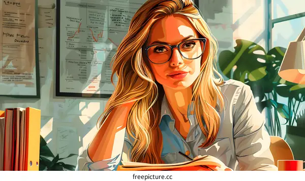 portrait of a young woman wearing glasses and holding a pen