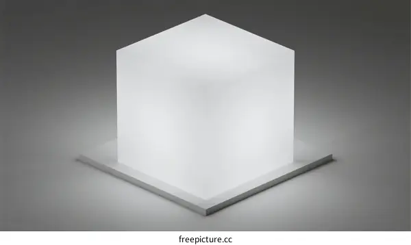 A white translucent cube on a flat base in a simple setting