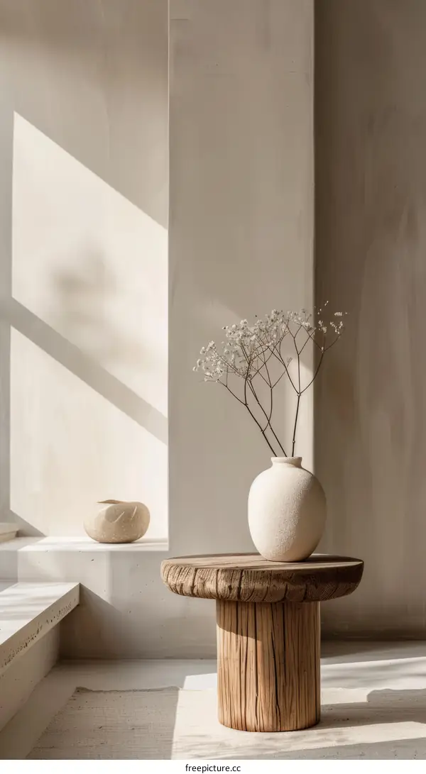 Minimalist interior design with a rustic wooden table, a white vase with dried flowers, and sunlight casting shadows