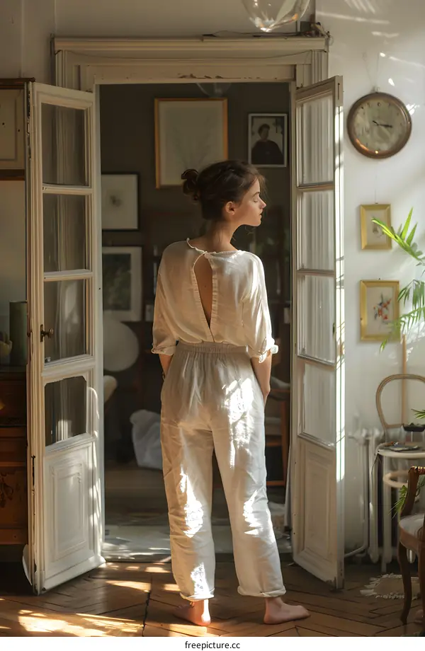 elegant woman standing in the doorway of her home