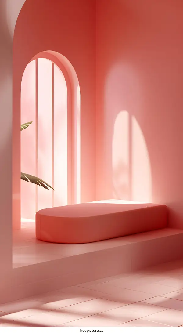 Pink Minimalist Interior Design with Arch Window and Podium