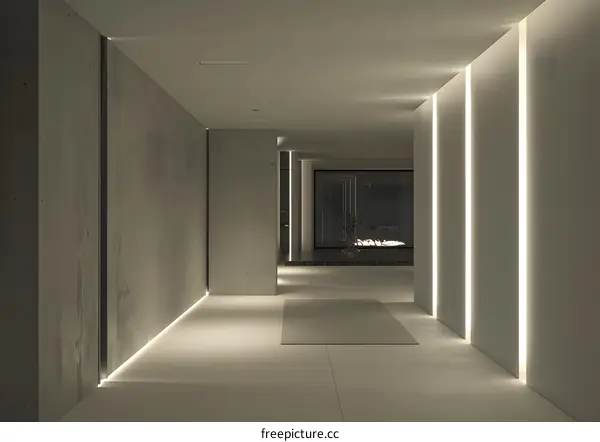 Modern Minimalist Concrete Hallway with Linear Lights