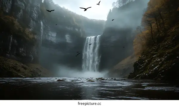 Waterfall in the Forest with Mist and Birds