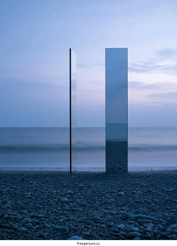 Minimalist Abstract Art Installation On A Pebble Beach With Ocean In The Background