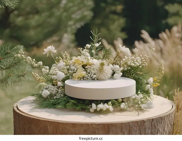 White Round Platform on Tree Trunk with Flowers