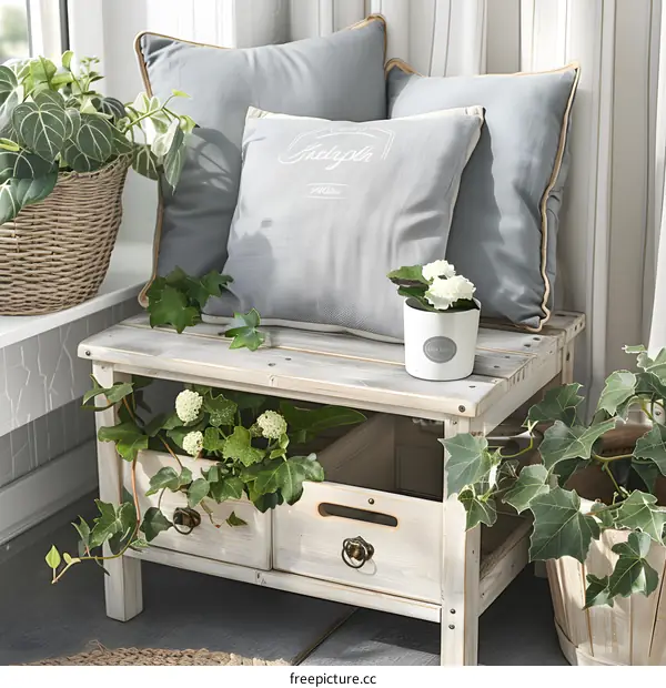 White Wooden Bench with Drawers and Plants in Pots