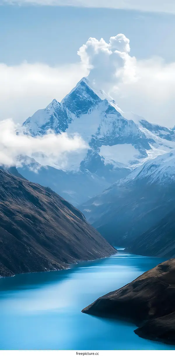 Blue Lake and Snowy Mountain Landscape