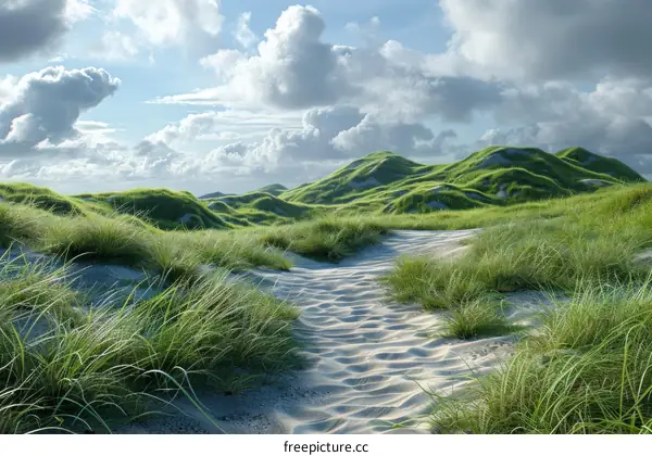 A landscape with a beach, blue sky, and clouds