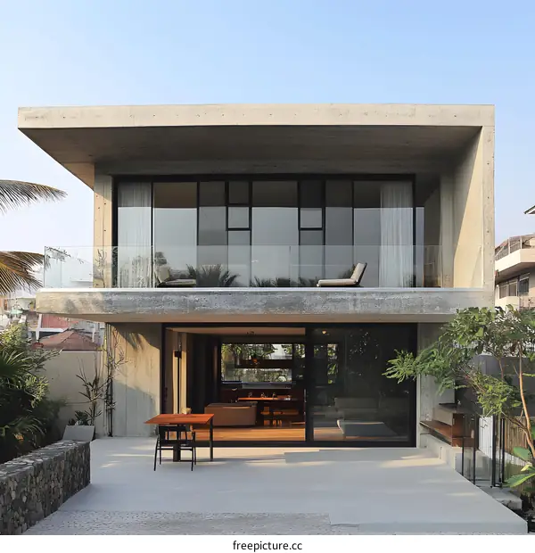 Modern Concrete House With Large Windows And Balcony