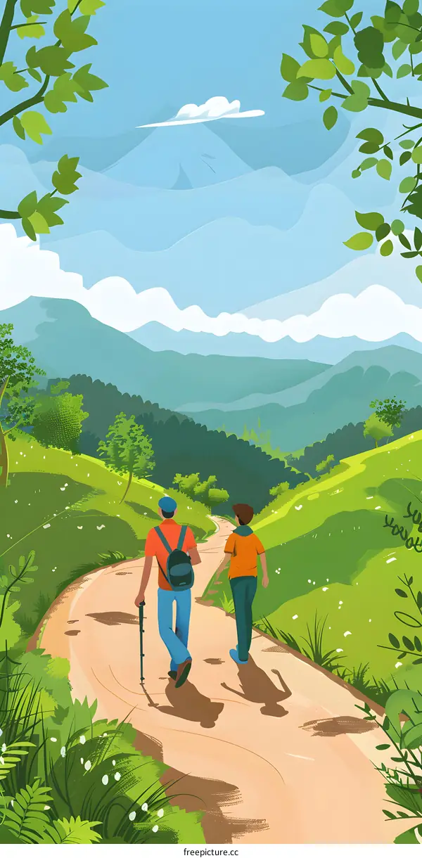 Two Men Hiking on a Mountain Trail With Green Foliage