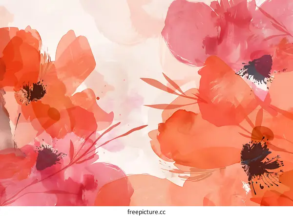 Abstract Watercolor Floral Painting with Orange and Pink Flowers