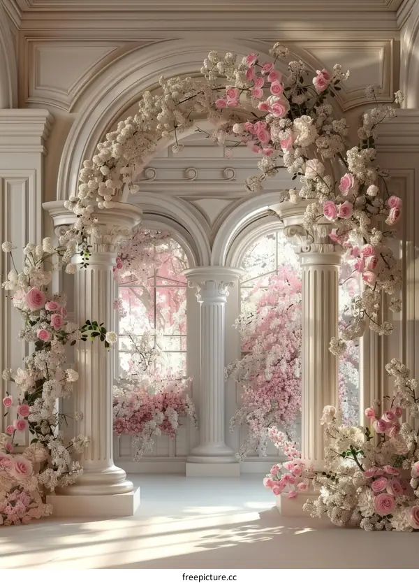Elegant Floral Archway in a Light-Filled Room