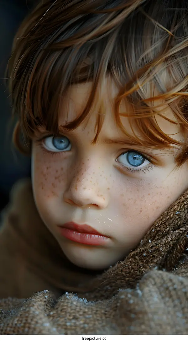 Portrait of a young boy with freckles and blue eyes