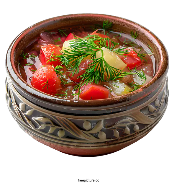 [Transparent Background PNG]Bowl of borscht soup with fresh dill