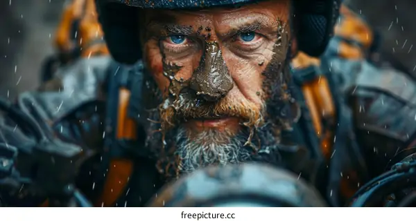 Portrait of a determined male motorcyclist covered in mud