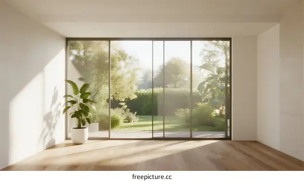 Bright and Spacious Interior with Large Glass Sliding Doors Leading to Garden
