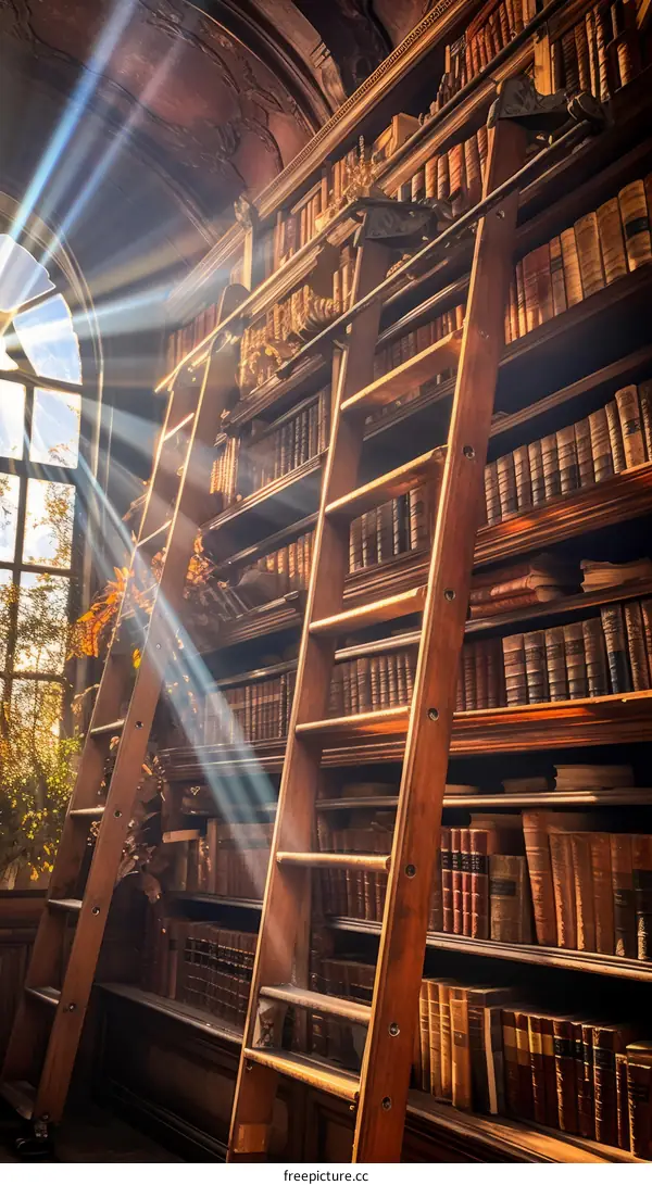 Sunlight Streaming into Library Illuminating Bookshelves