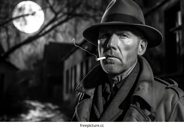 A black and white image of a man wearing a hat and smoking a cigarette