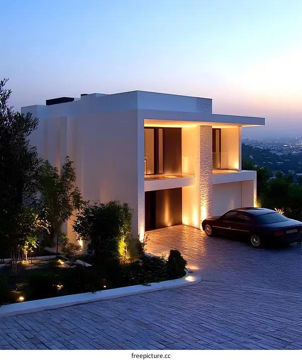 Modern White House with Car in Driveway at Dusk