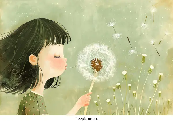 Little girl blows seeds off dandelion in a field