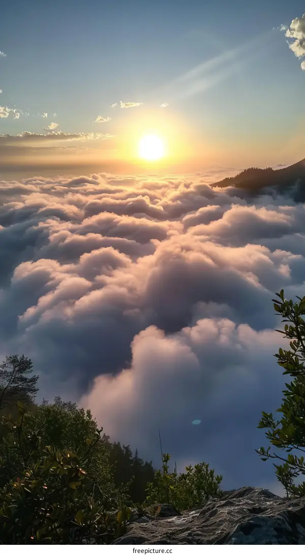 Sunset above the clouds from the mountaintop