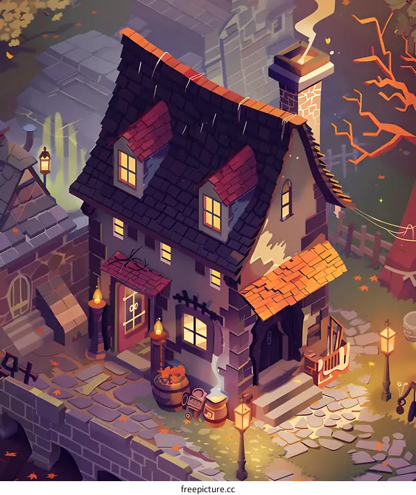 Fantasy Style Cartoon Illustration of a Small House with a Roof and Windows