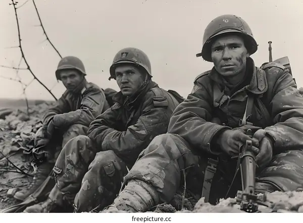 Three American soldiers in a foxhole during the Battle of the Bulge.