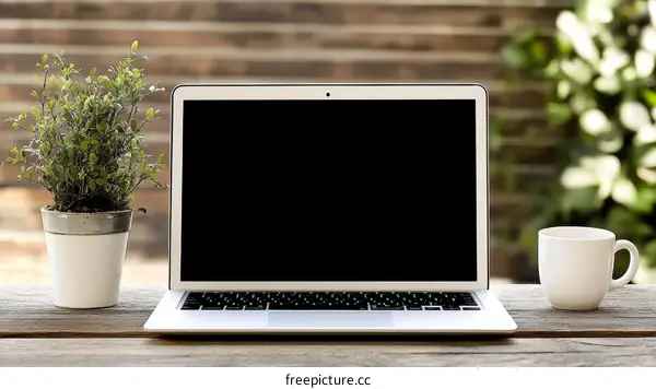 Laptop and Plant on Wooden Table Outdoor Scene