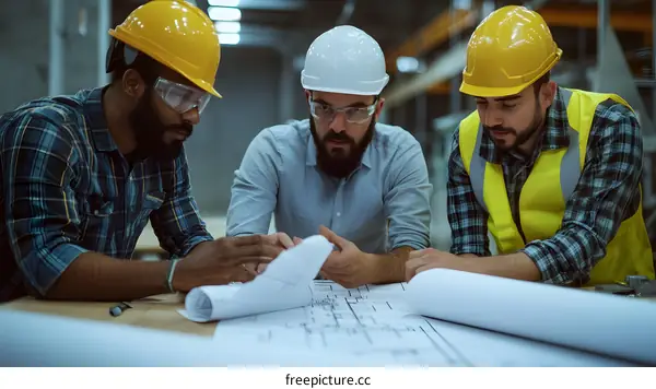 Three Engineers Working Together On A Blueprint