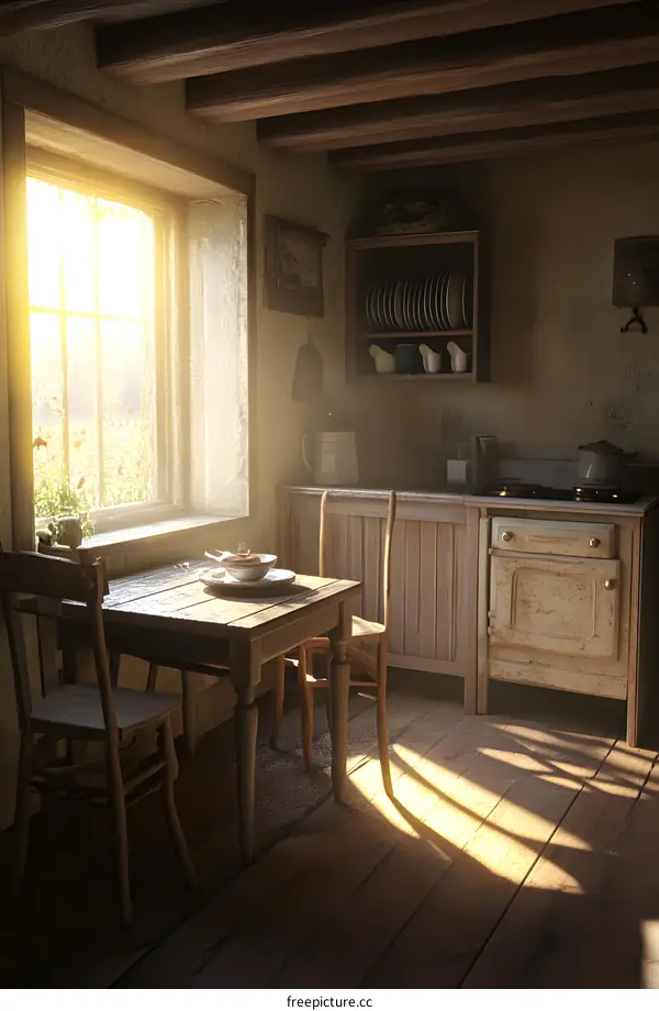 Sunlit Rustic Kitchen Interior with Wooden Table and Chairs