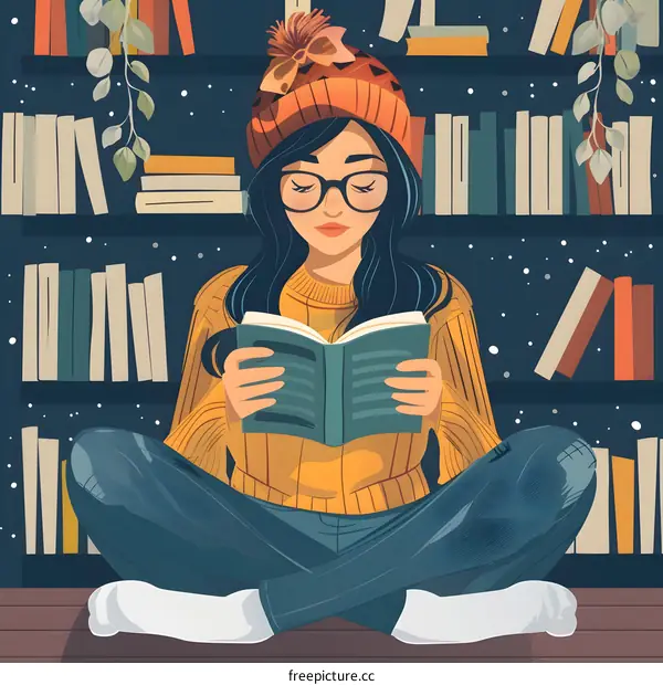 Woman Reading Book in Library