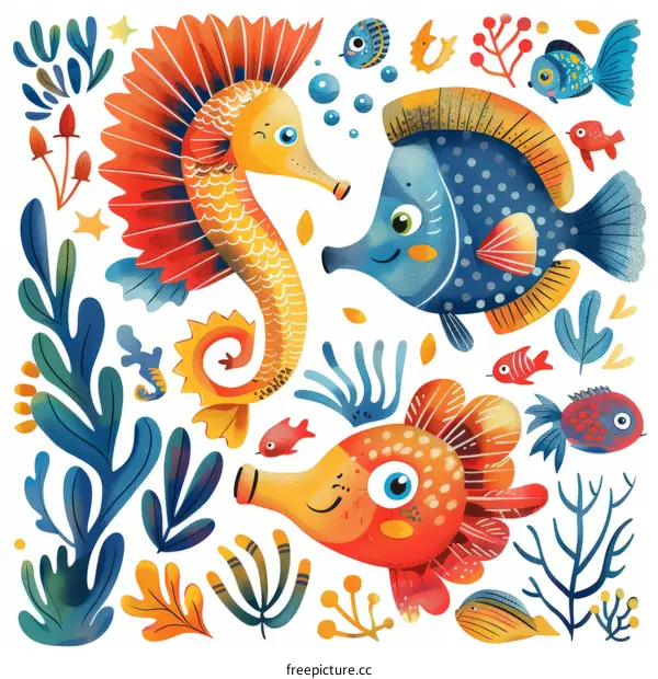 Underwater illustration of a school of fish and a seahorse