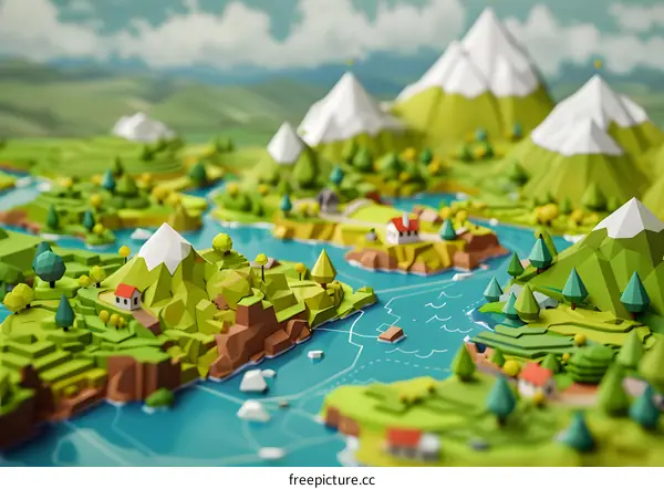 Low Poly Landscape with Mountains, Hills, and Water