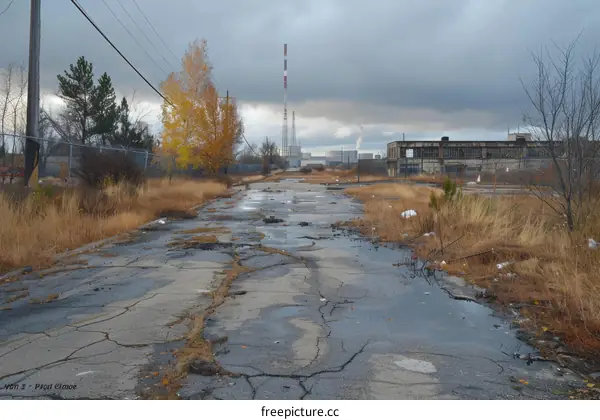 An abandoned road with a factory in the distance