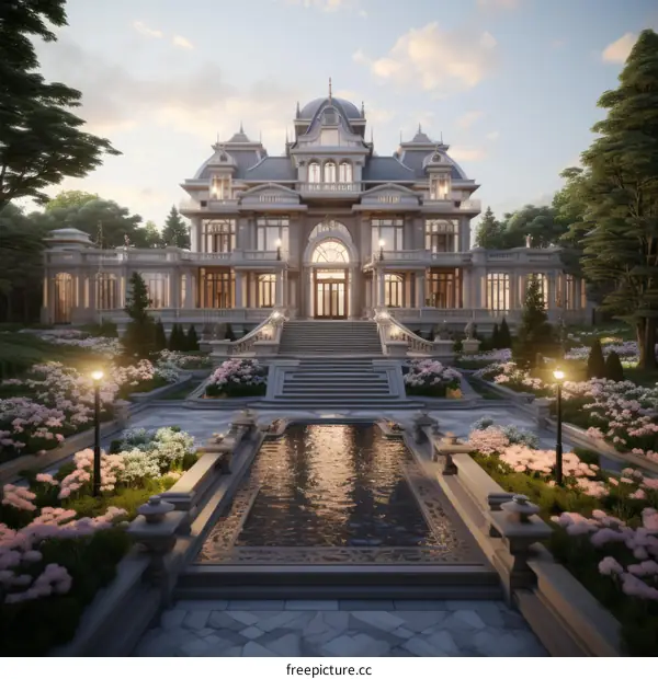 A magnificent mansion with a beautiful garden and fountain