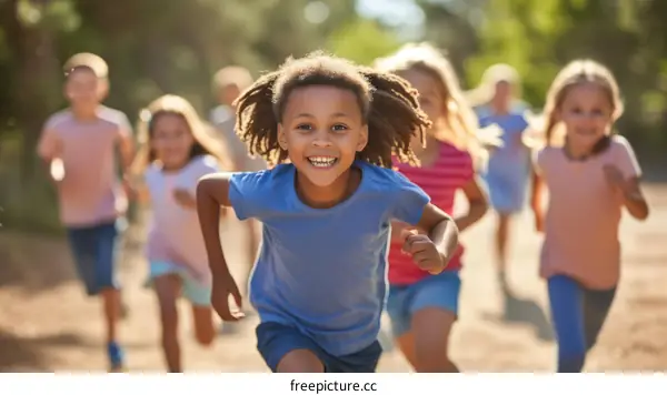 A group of diverse children are running in a race. The children are all smiling and appear to be enjoying themselves. The background is a blur of trees and sky.