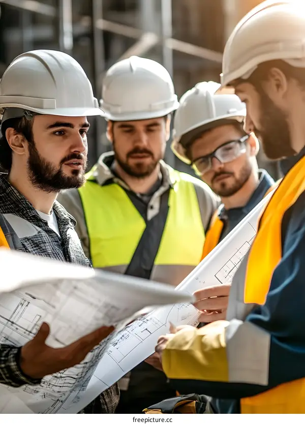 Construction Workers Examining Blueprint on Job Site