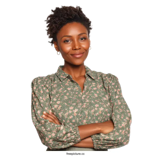 [Transparent Background PNG]Confident African Woman in Floral Print Blouse