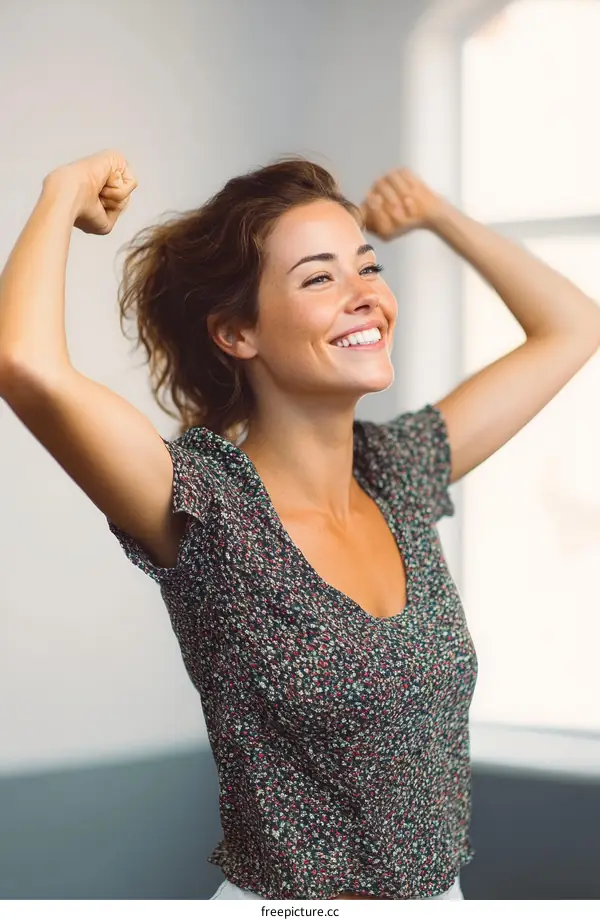 Happy Woman Stretching Indoor Portrait