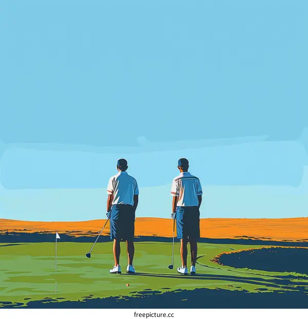 Two golfers on a green looking out at the course