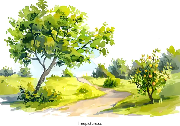 Watercolor Painting of a Path Through a Green Forest