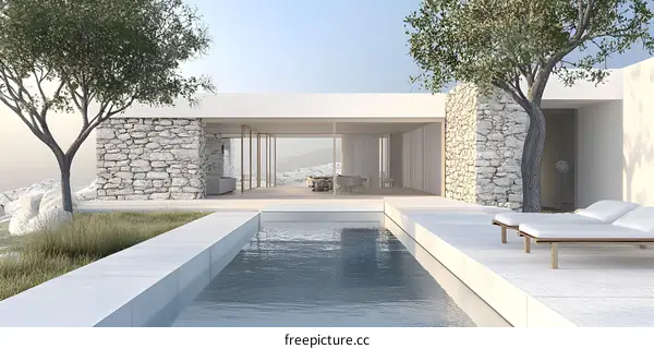 Modern Minimalist House With Swimming Pool And Stone Walls