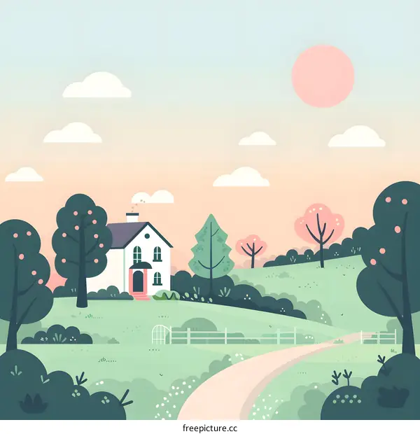 Countryside House Illustration with Sun and Clouds