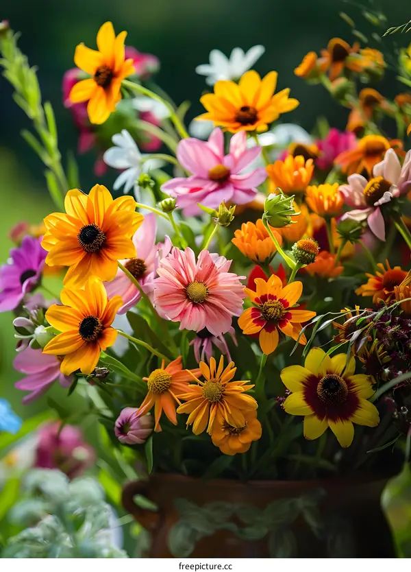 Summer Bouquet of Vibrant Wildflowers in a Clay Pot