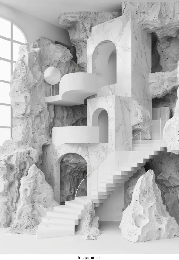 Abstract Surreal Marble Staircase in a Cave-Like Interior