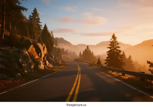 Scenic road winding through mountainous area with pine trees at sunrise