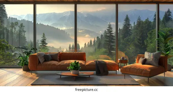 Modern living room interior with large windows and mountain view